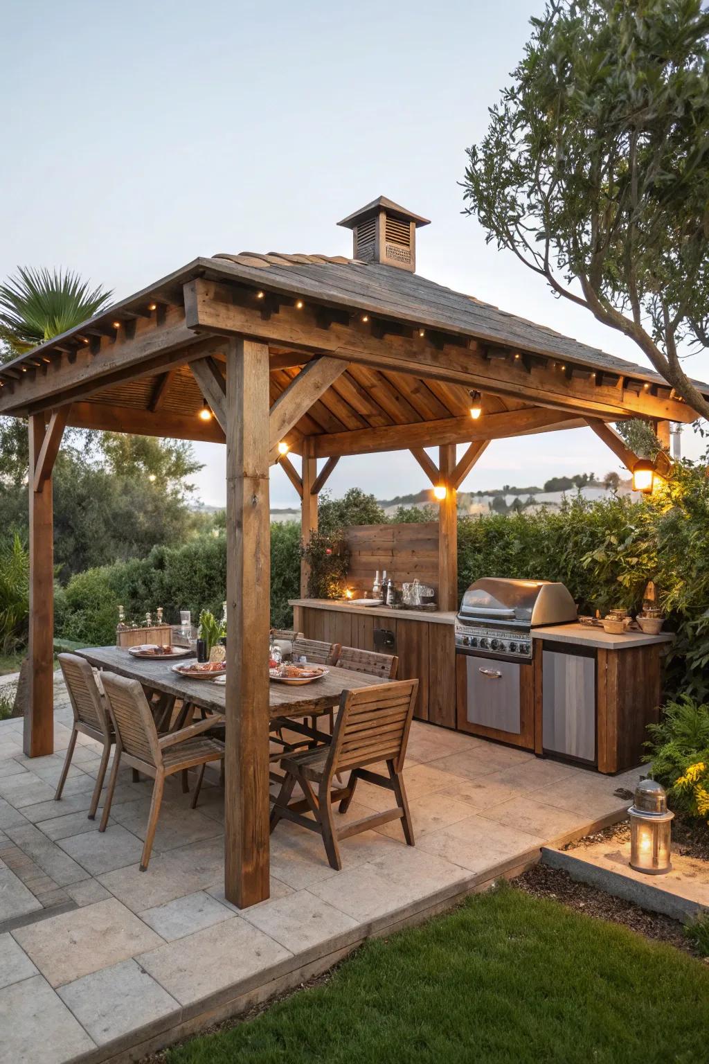 A gourmet BBQ station gazebo ideal for outdoor cooking and dining.