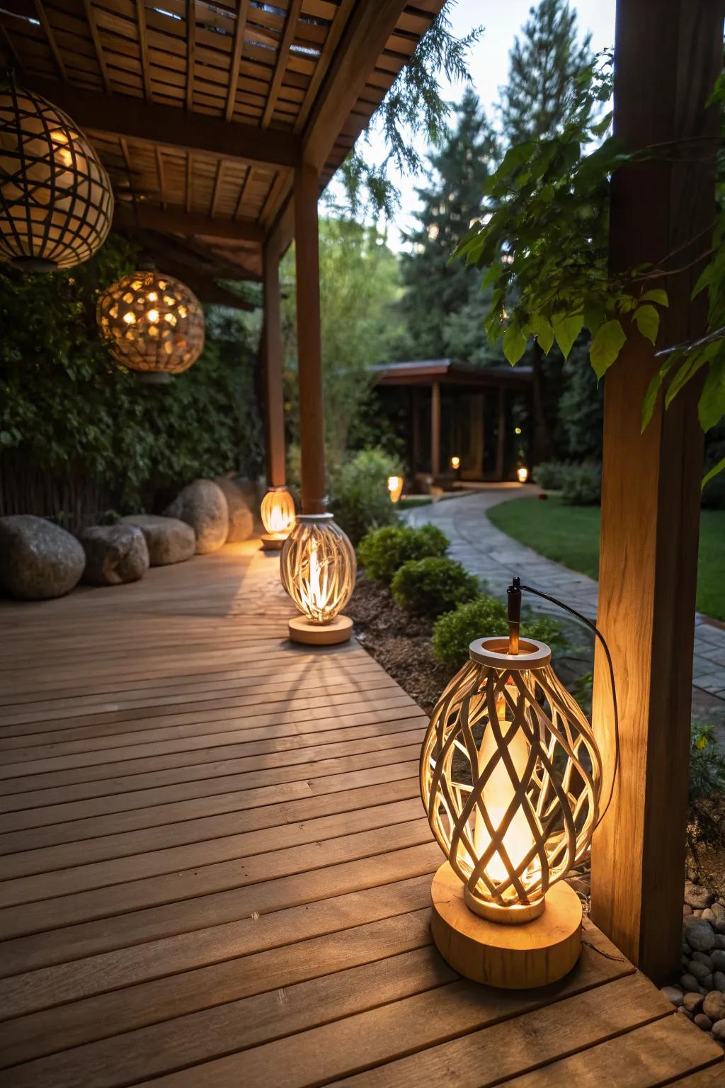 Wooden lighting adds warmth and ambiance to patios.