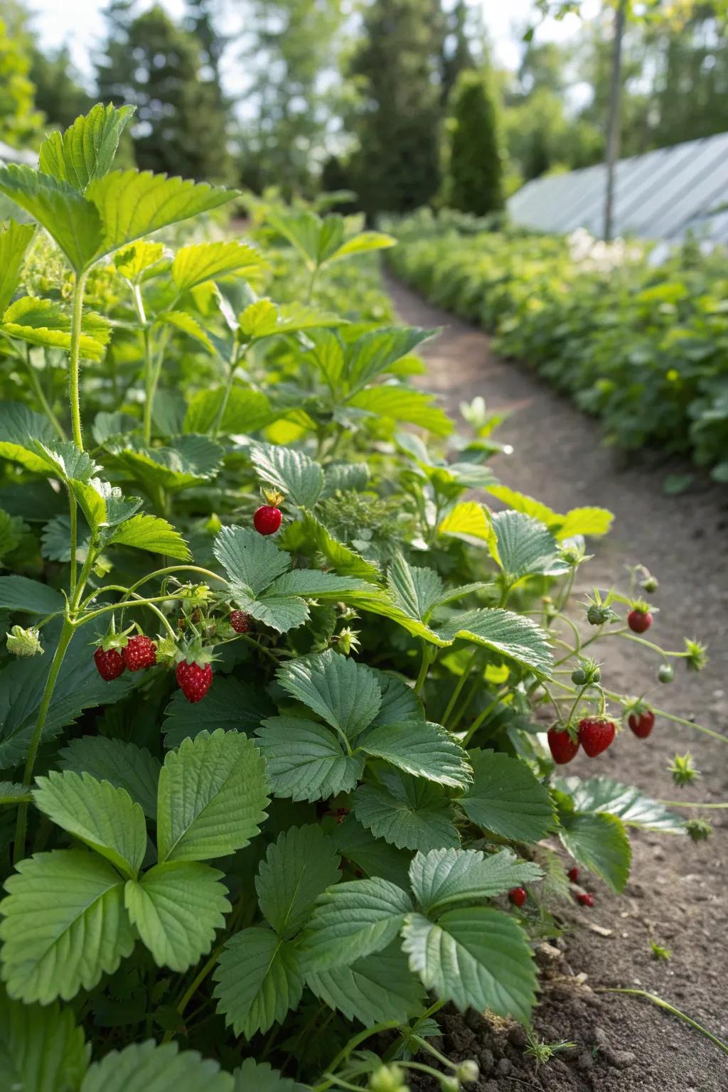 Edible plants like wild strawberries add charm and utility.