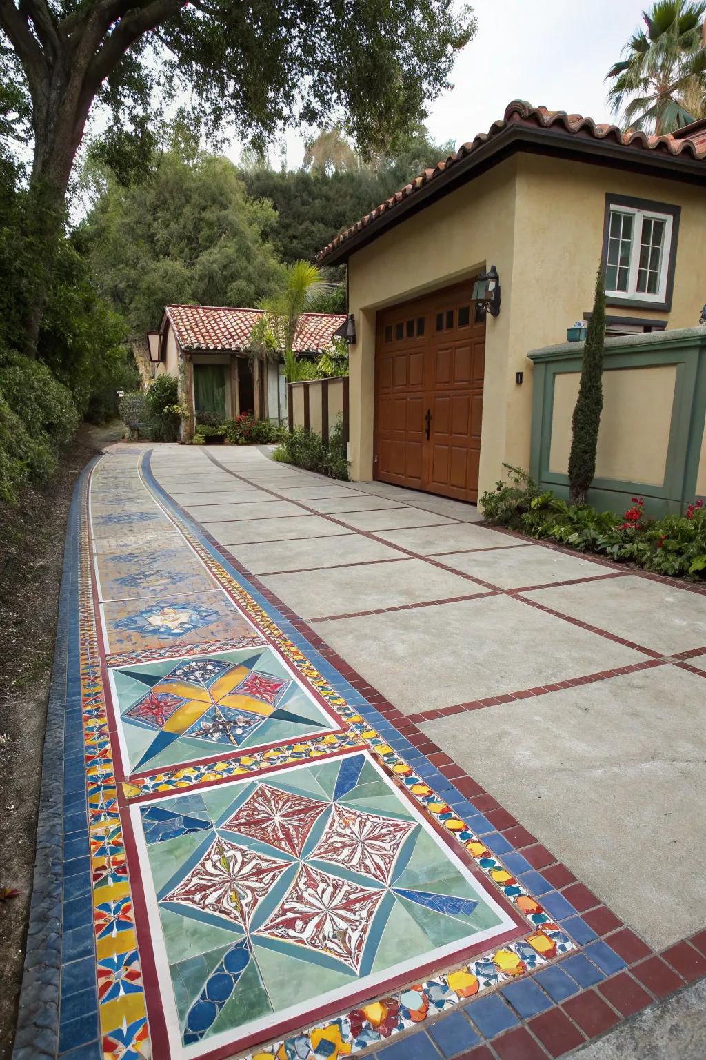 Colorful accents in the driveway add personality and charm.