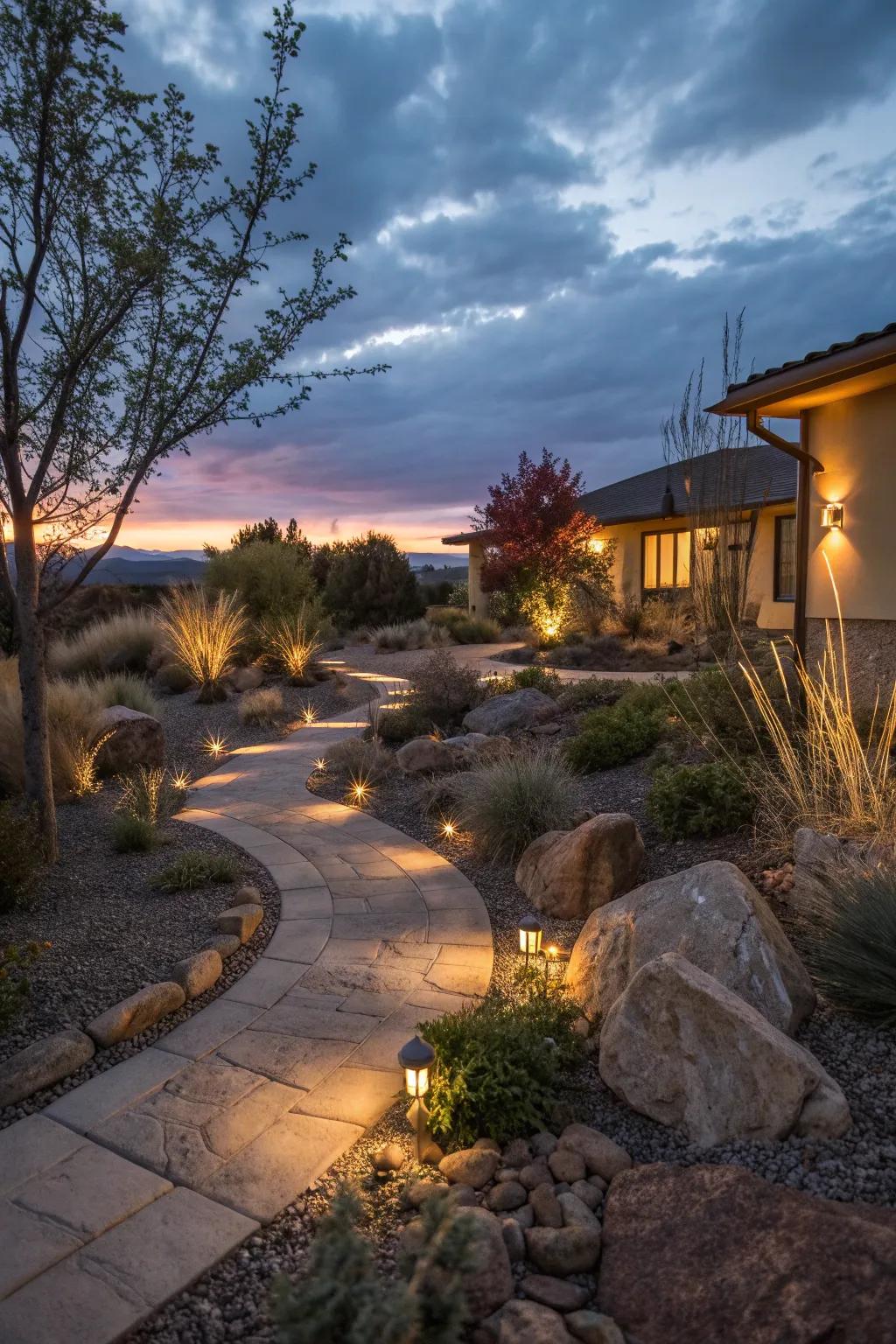 Ambient lighting enhancing a xeriscape front yard.