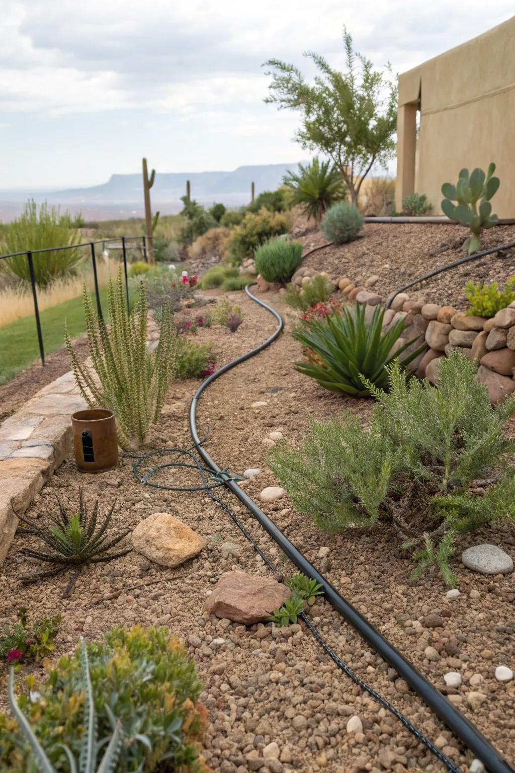 A drip irrigation system efficiently watering plants in a New Mexico xeriscape garden.