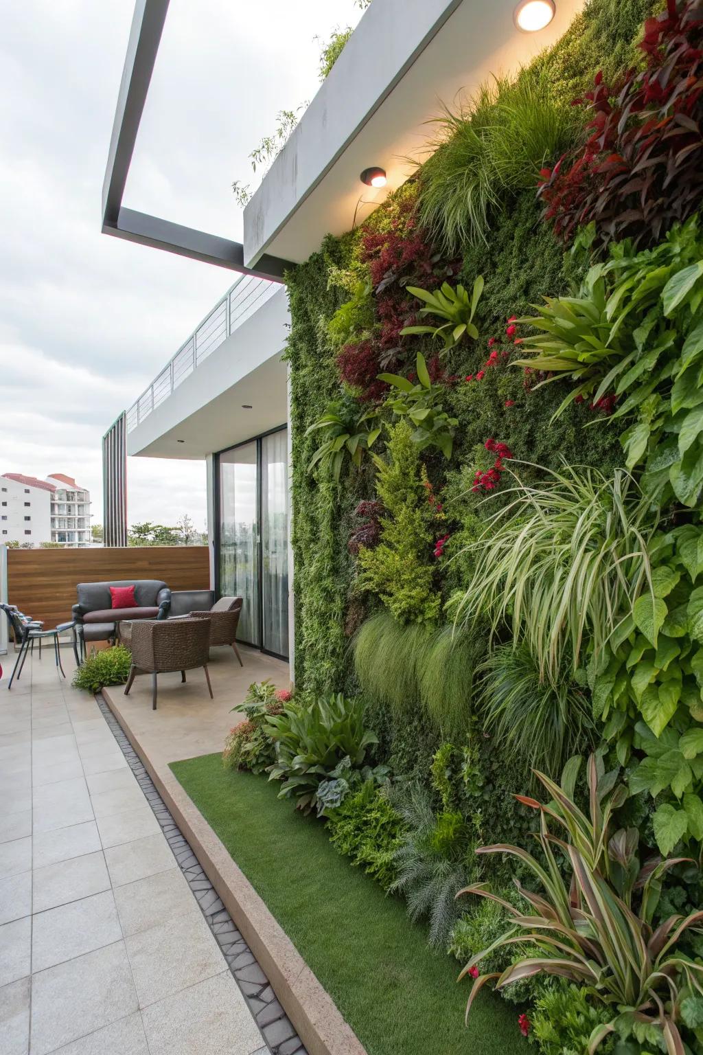 Vertical gardens offer lush dividers that maximize space.