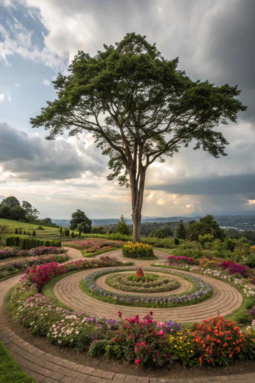 A tree-centered garden island providing shade and visual interest.