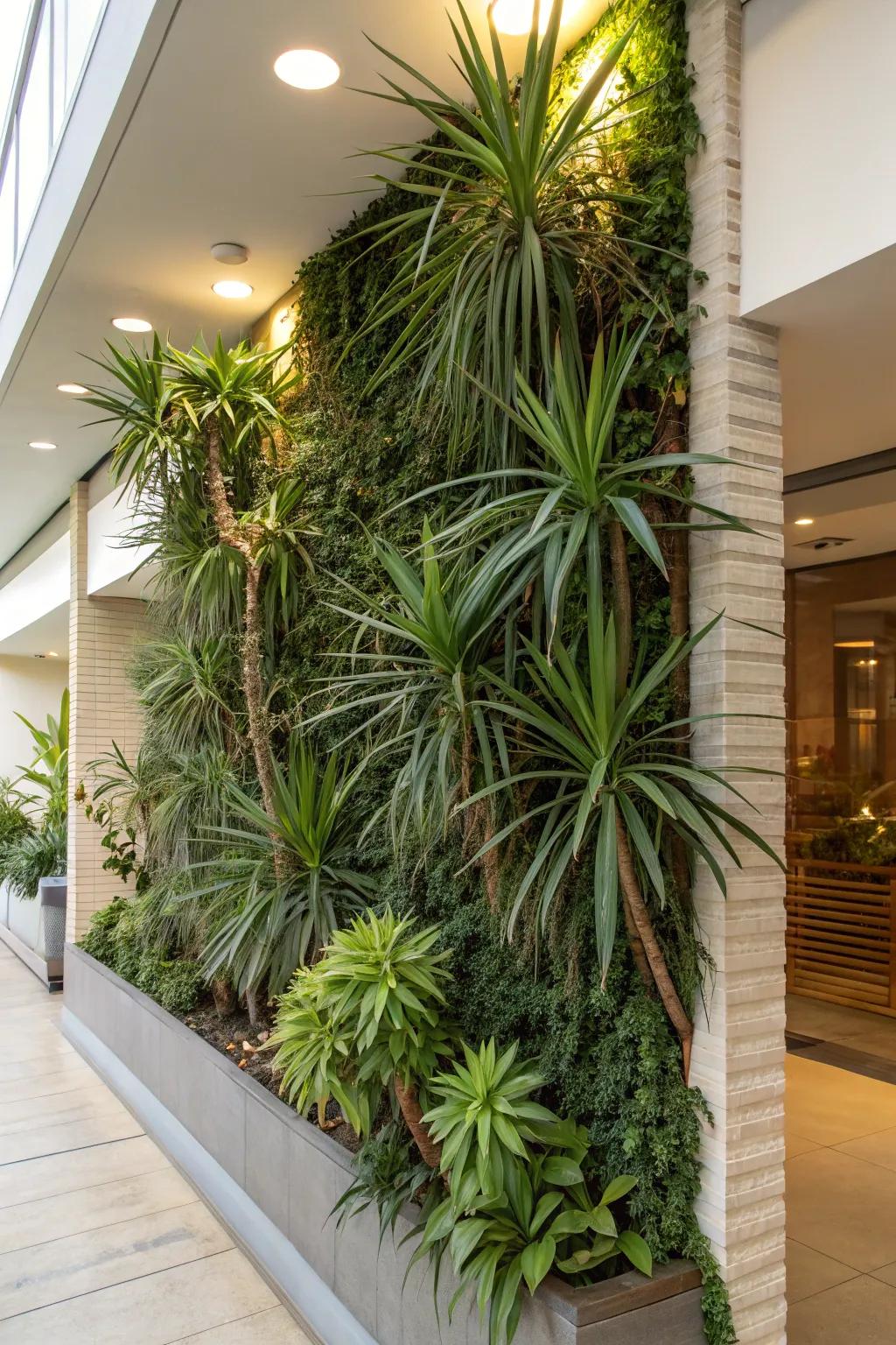 Yucca plants adding height to a vertical garden.