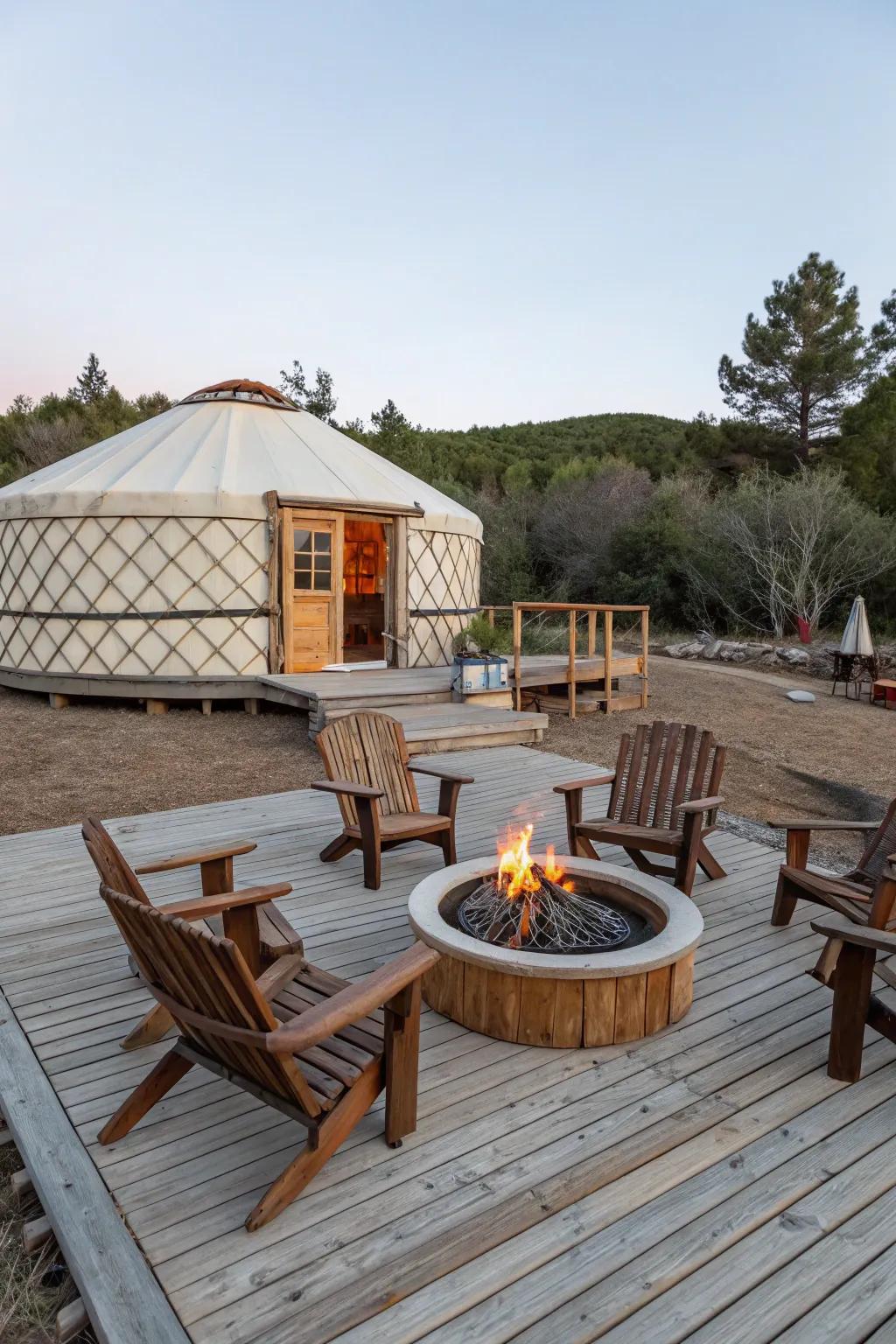 A fire pit creates a cozy atmosphere for socializing.