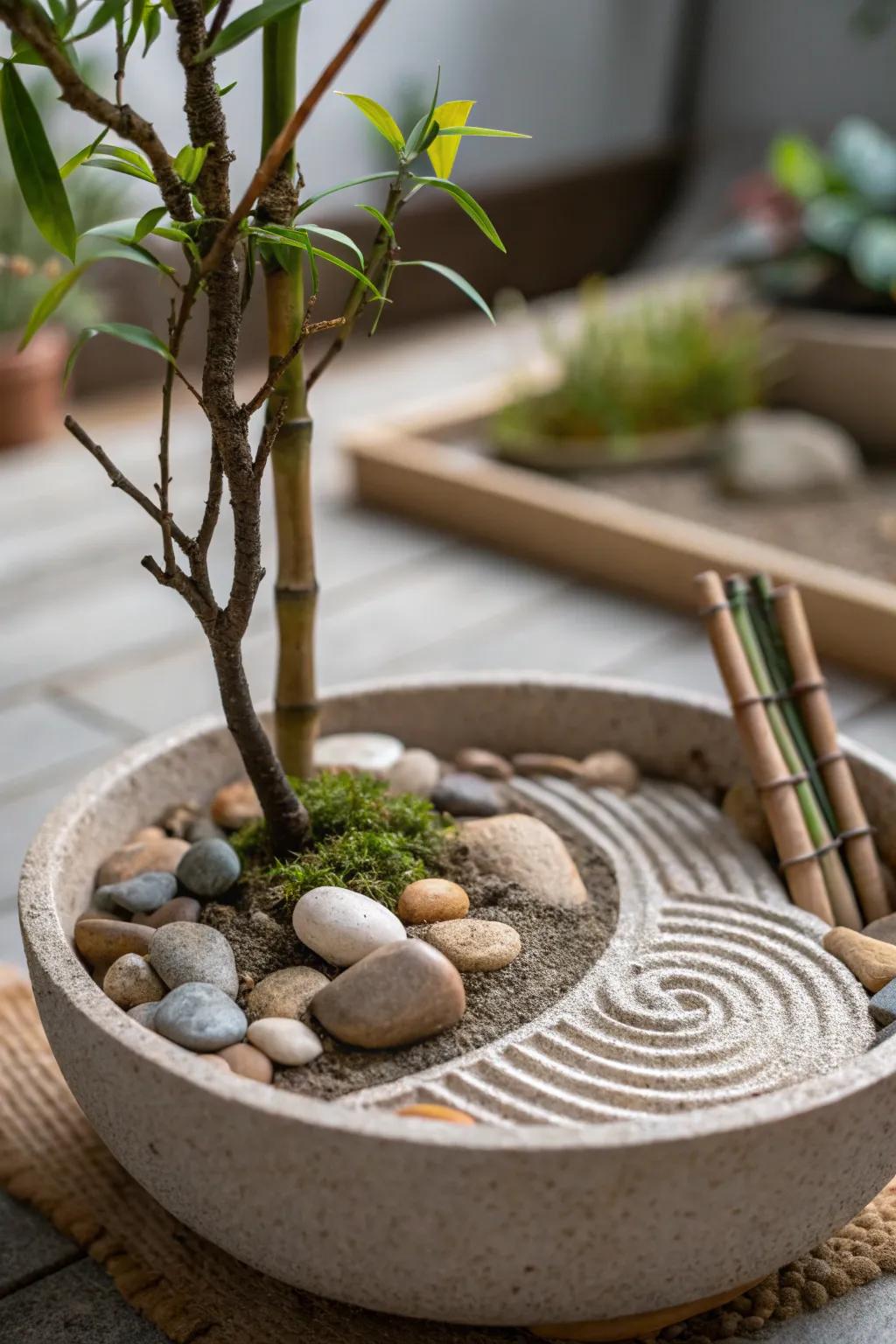 A miniature zen garden corner brings tranquility to small spaces.