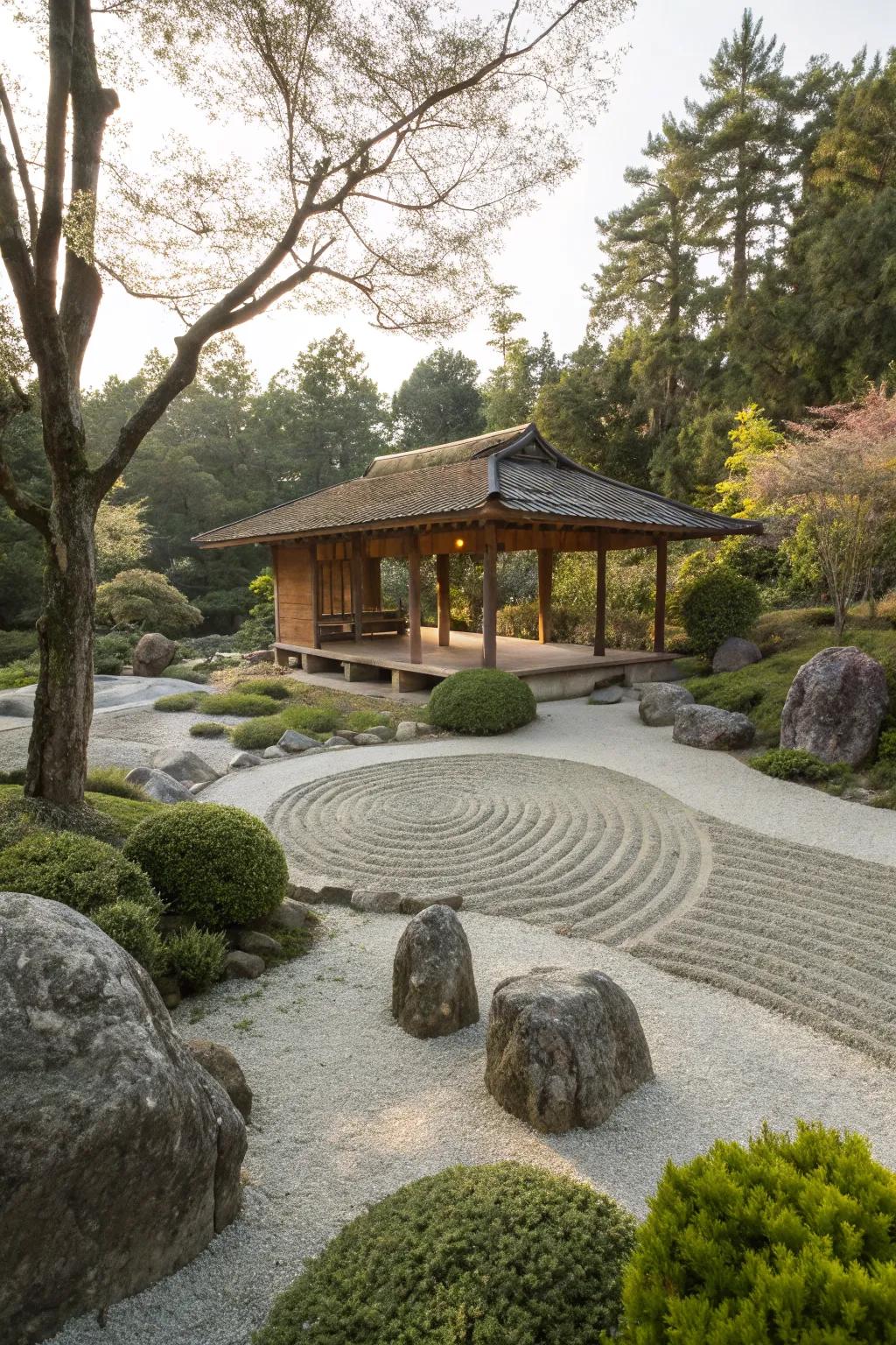 A pavilion provides a peaceful spot for meditation.