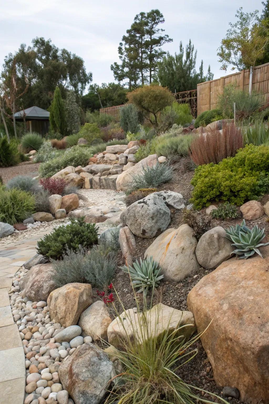 A unique rock garden adding texture to a zone 8b landscape.