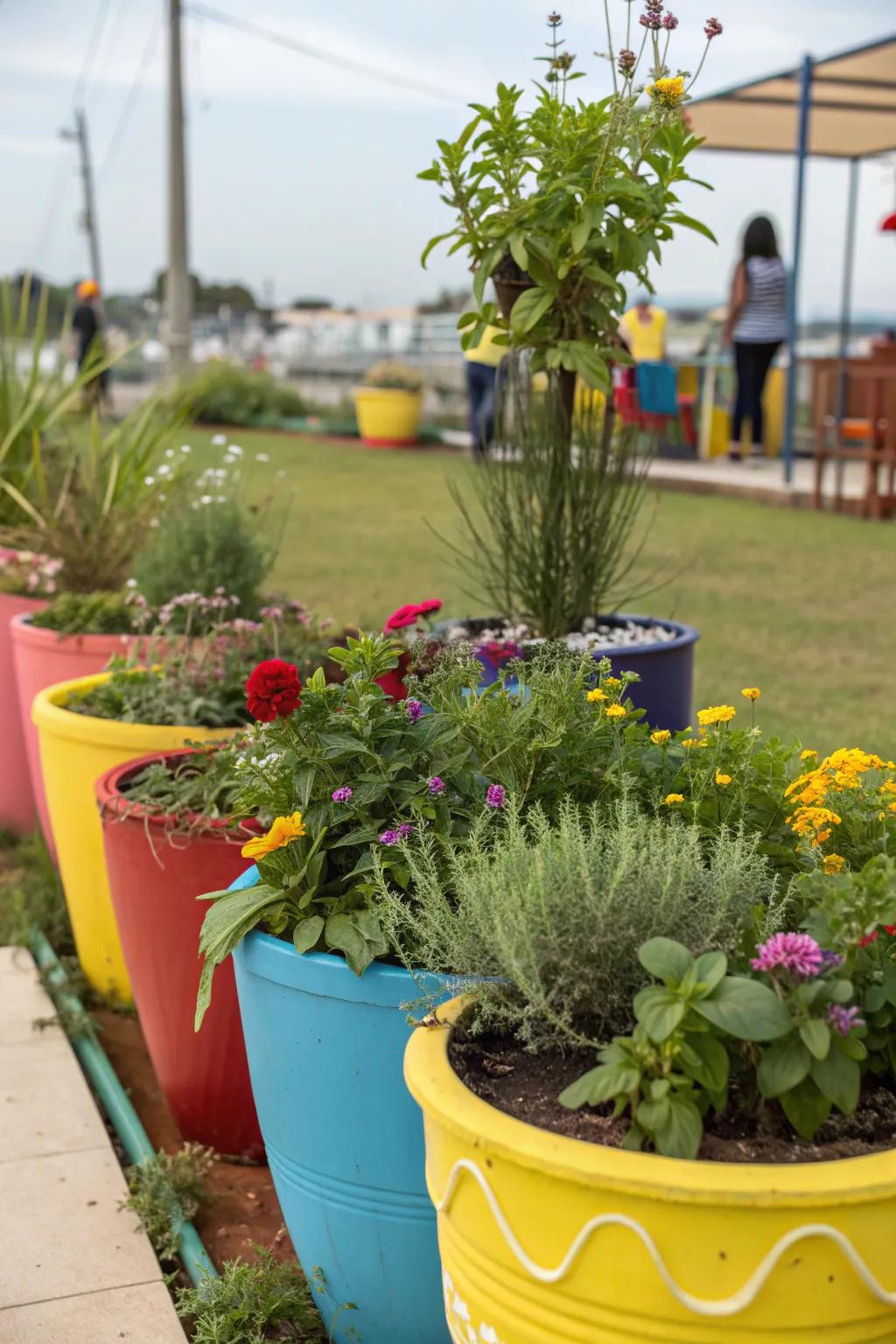 A container garden featuring plants in colorful, movable pots.
