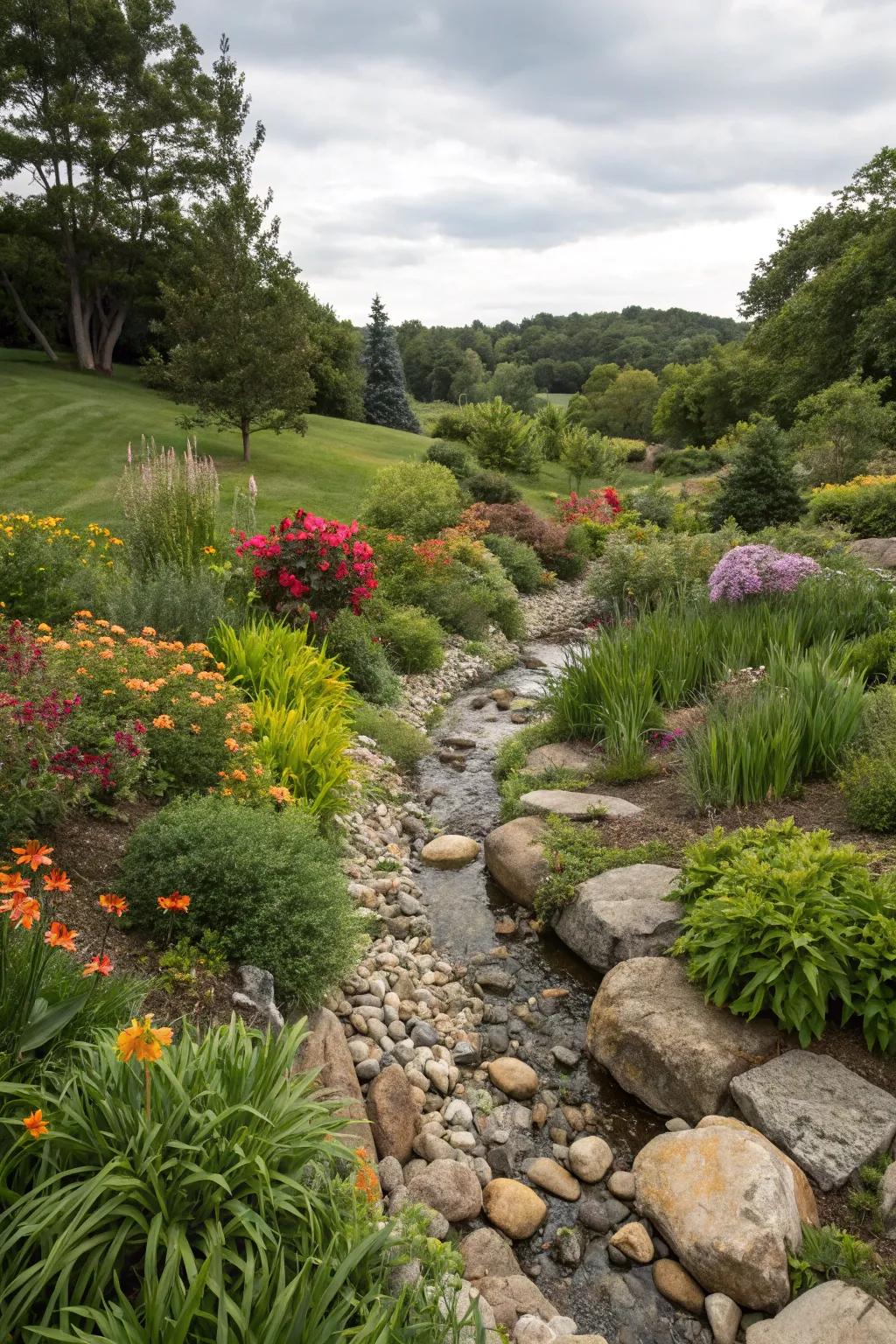 Enhance garden aesthetics with a dry creek bed.