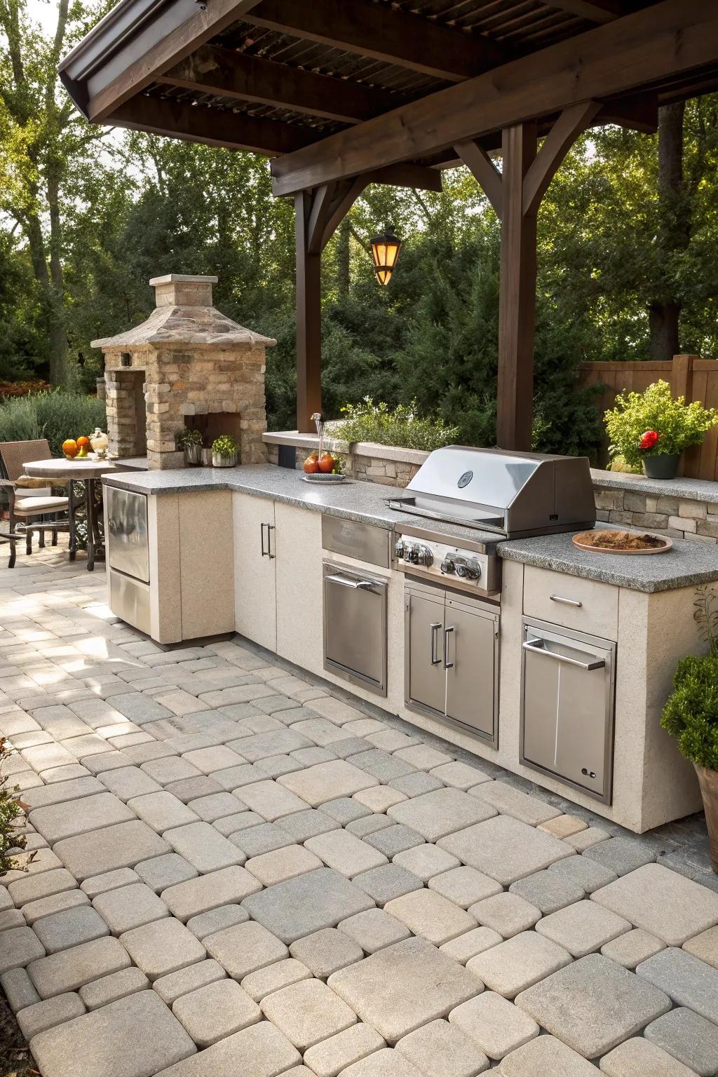 An outdoor kitchen space on a paver patio is perfect for alfresco dining.