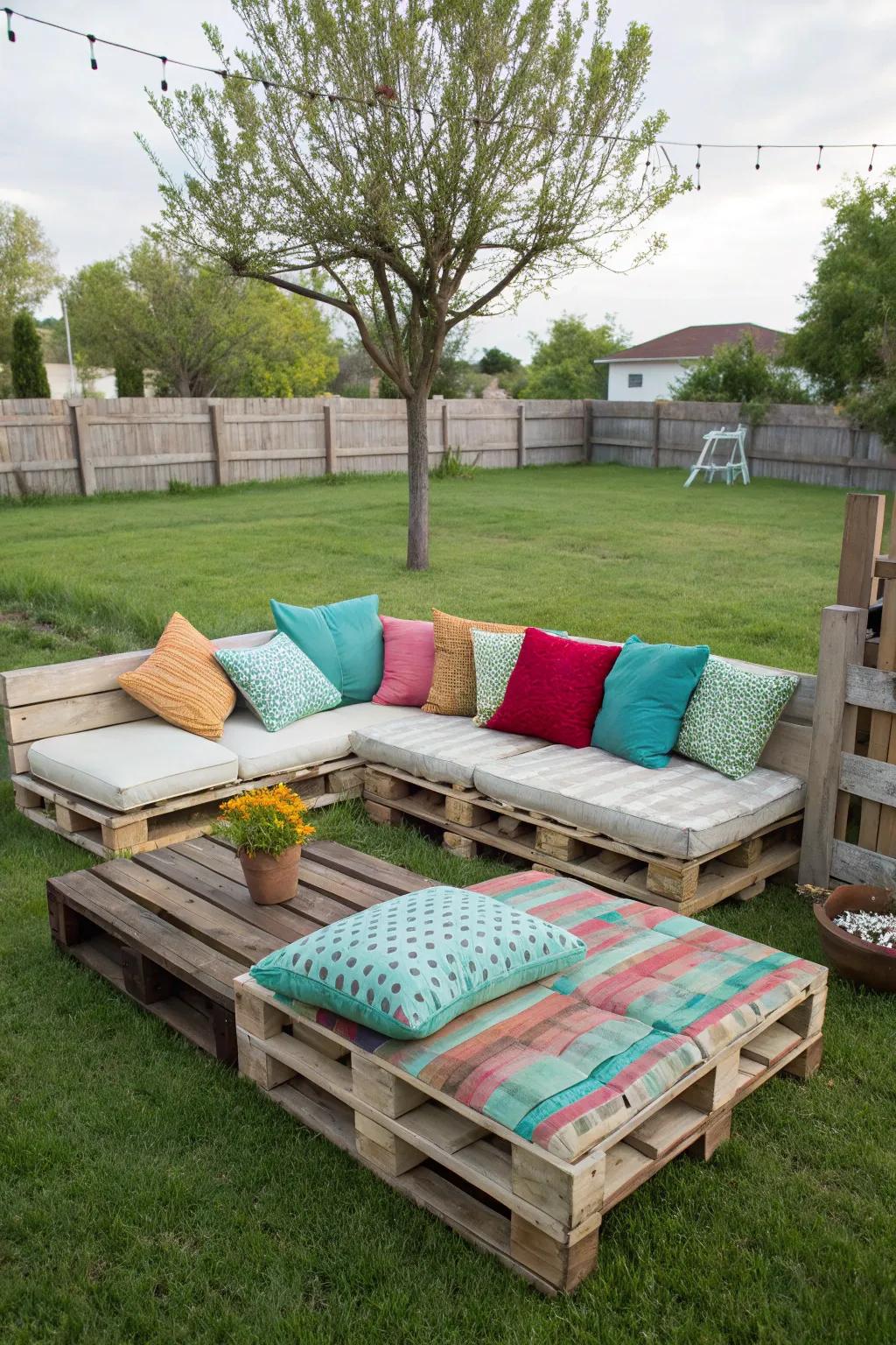 Recycled pallet furniture adds rustic charm and eco-friendly seating.