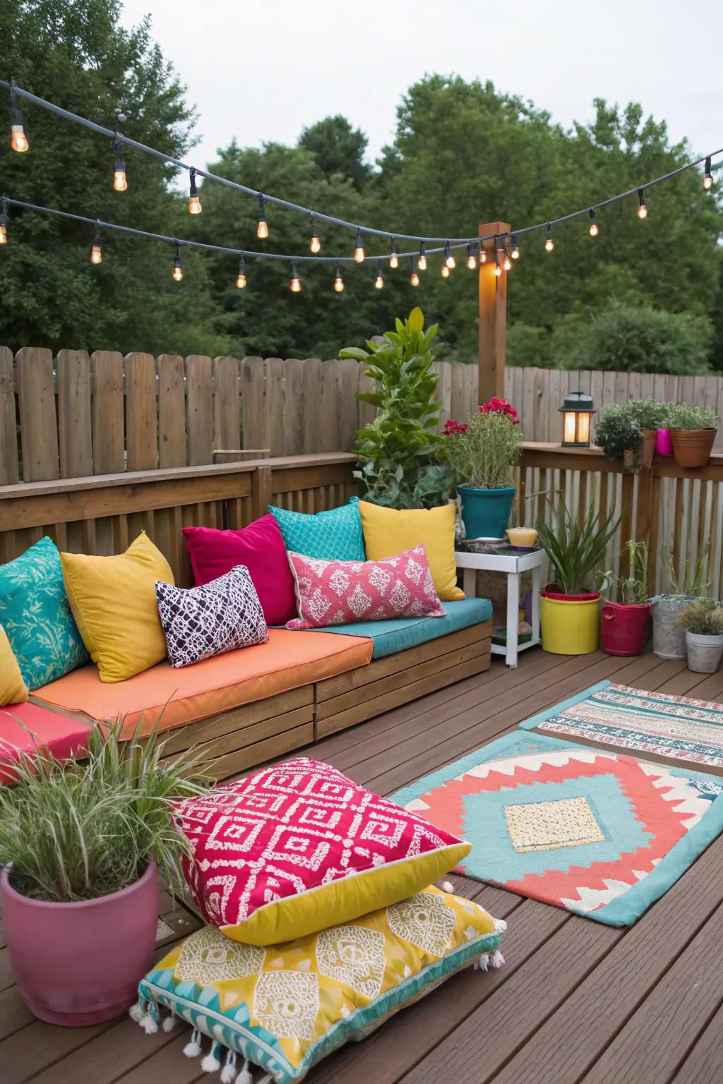 Colorful accent pieces on a 20x20 deck.