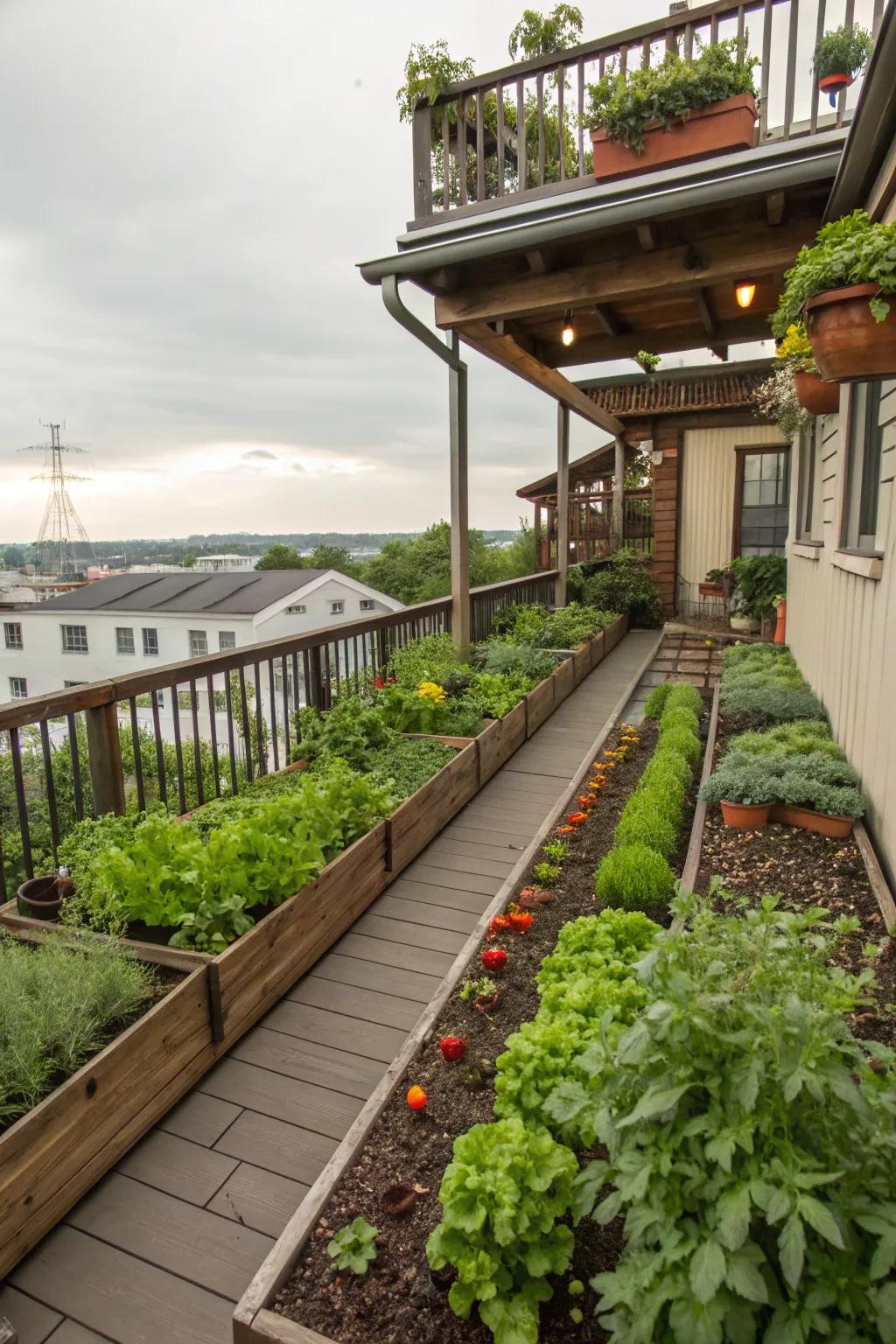 A rooftop garden adds greenery and sustainability to this porch.