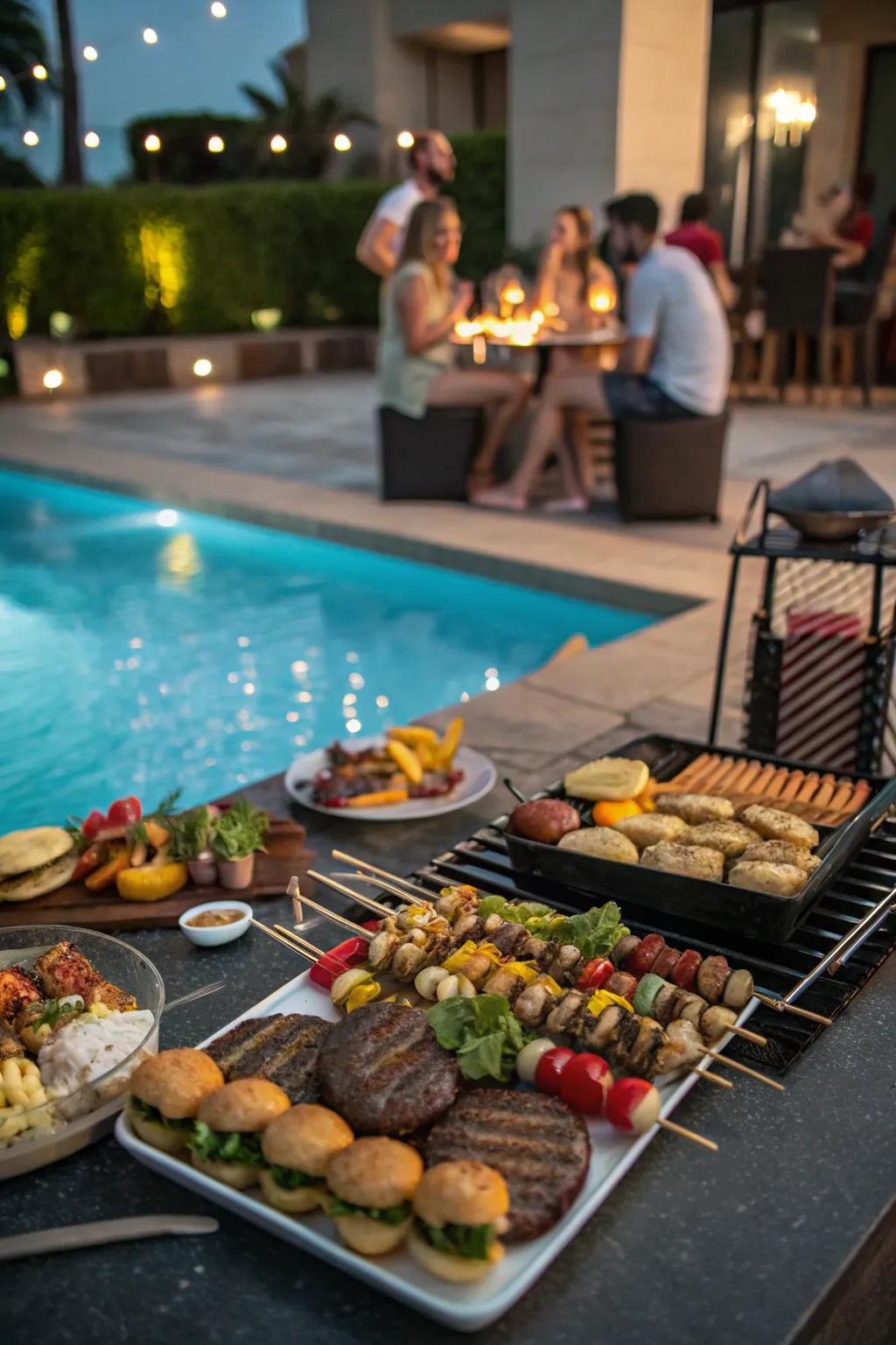 A delicious poolside BBQ feast with gourmet grilled delights.