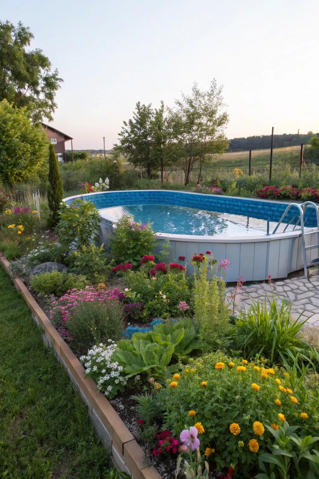 A garden oasis adds charm and fragrance to your poolside.