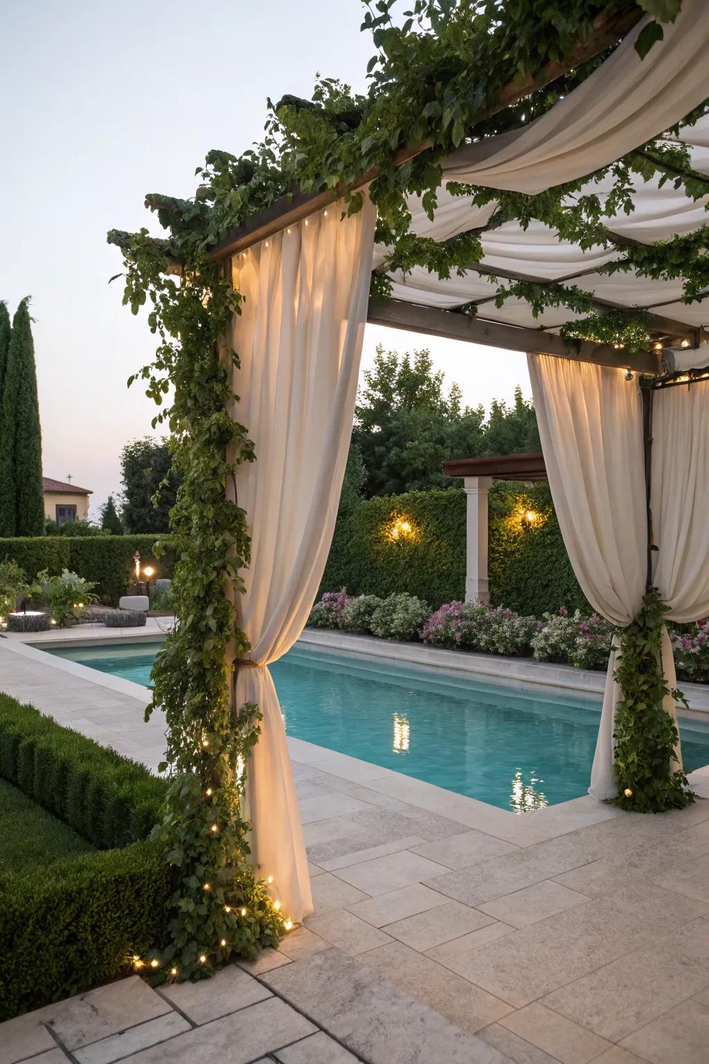 Pergolas with drapes provide elegance and flexible privacy.