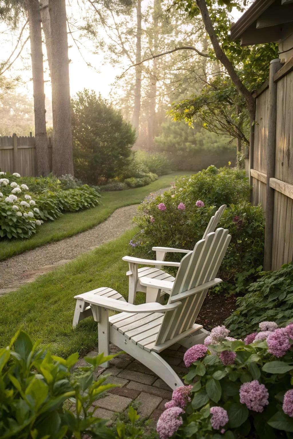 Adirondack chairs provide a peaceful spot for meditation.