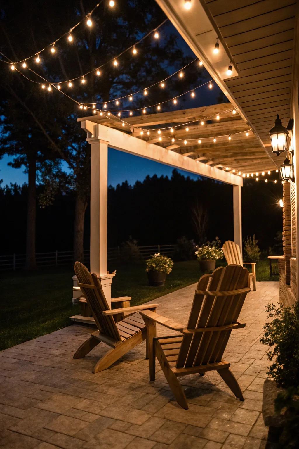 Adirondack chairs under string lights for magical starry nights.