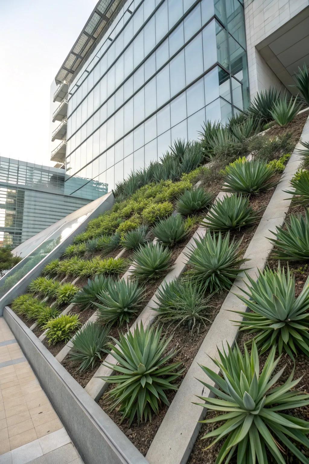 Creative use of agaves in vertical garden walls.