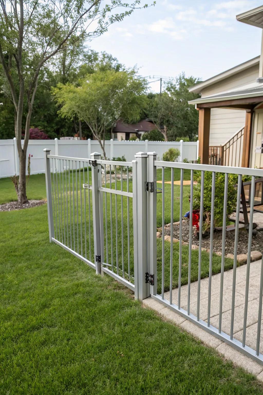 Effortless security: self-closing gate in aluminum fencing.