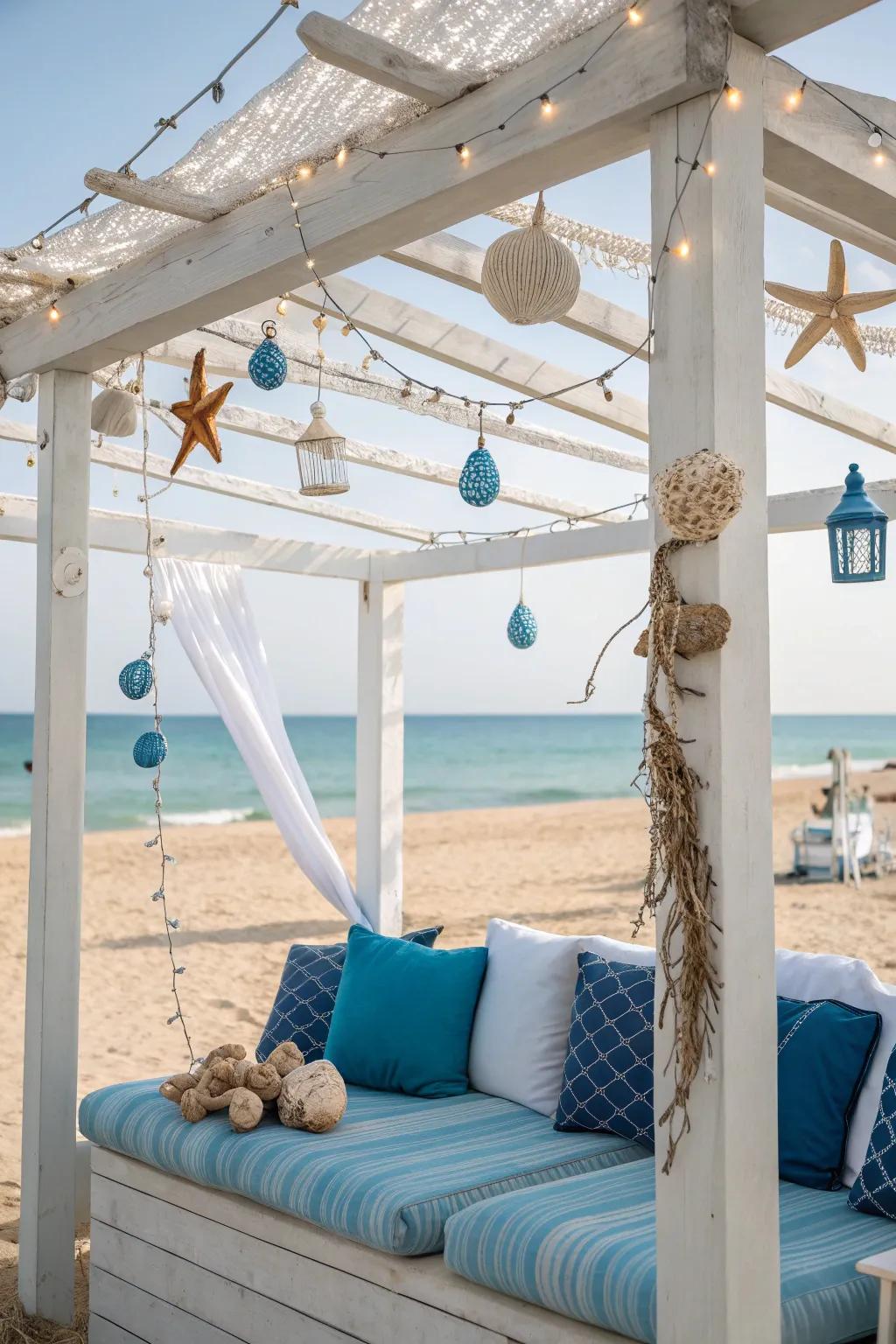 An aluminum pergola with coastal charm and nautical decor.