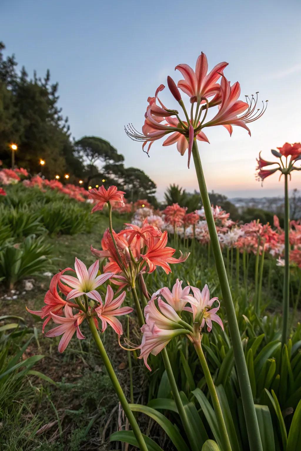 Clusters of amaryllis create a dramatic garden impact.