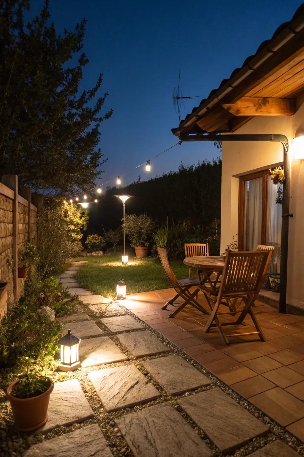 Solar lights adding an eco-friendly glow to a small patio.