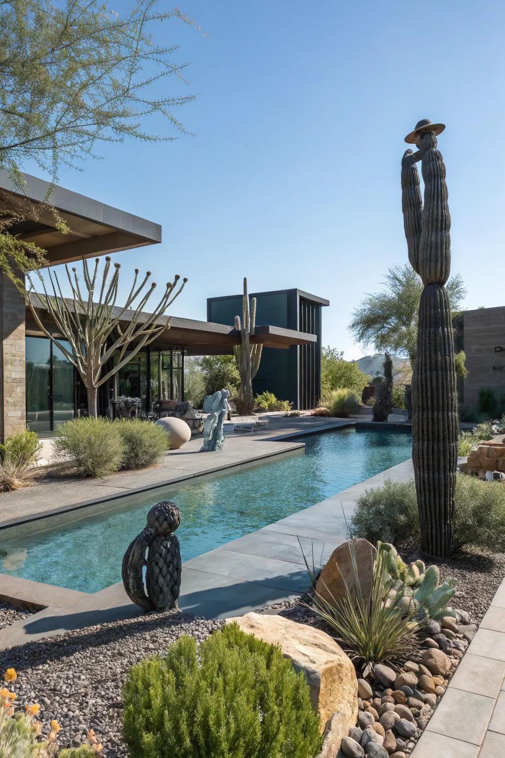 Artistic sculptures enhance the visual appeal of pool landscapes.