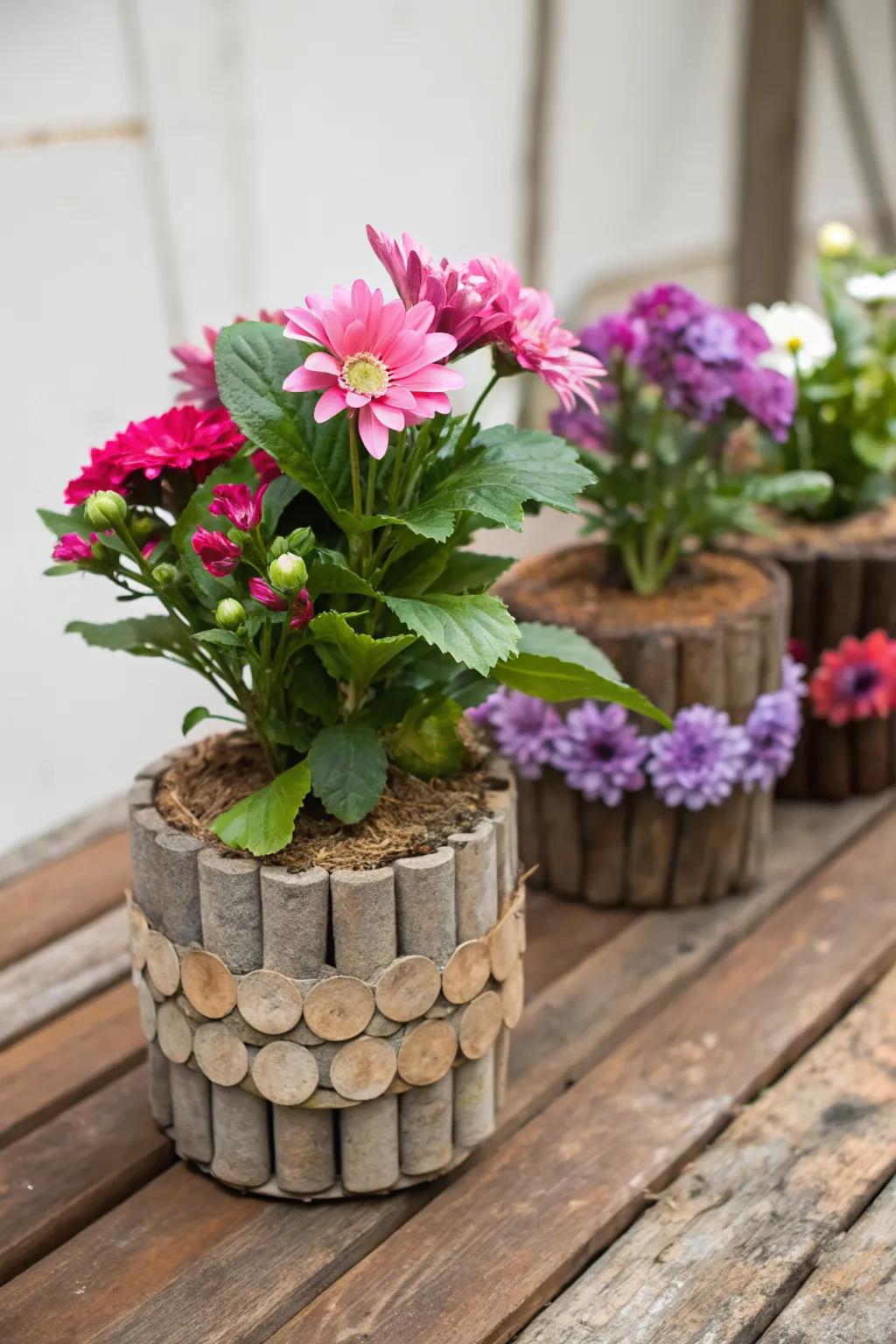 Eco-friendly planters made from recycled materials housing artificial flowers.