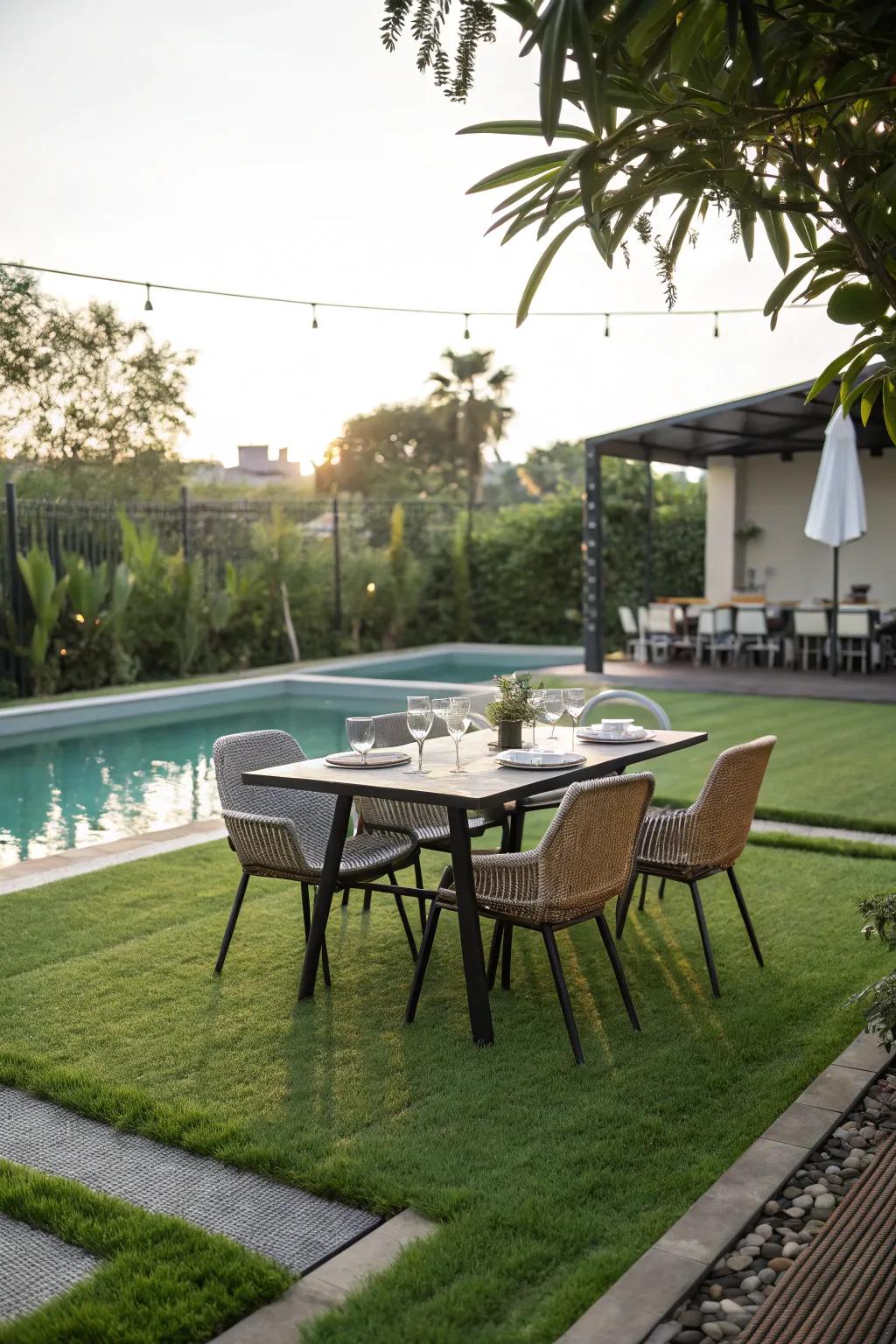 Enjoy al fresco dining on a lush artificial grass surface by your pool.