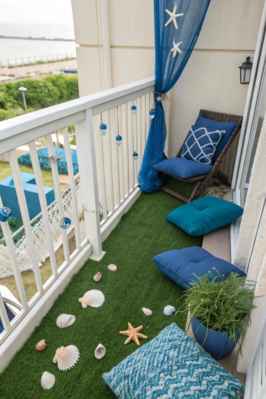 Create a seaside escape with artificial grass and nautical elements.