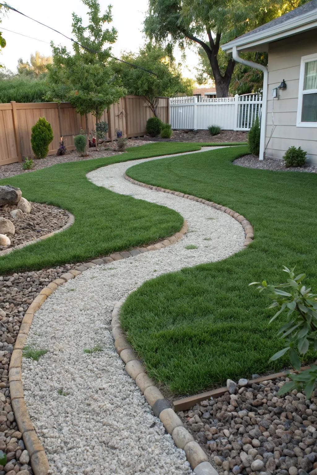 Gravel paths add a rustic touch to your artificial grass landscape.