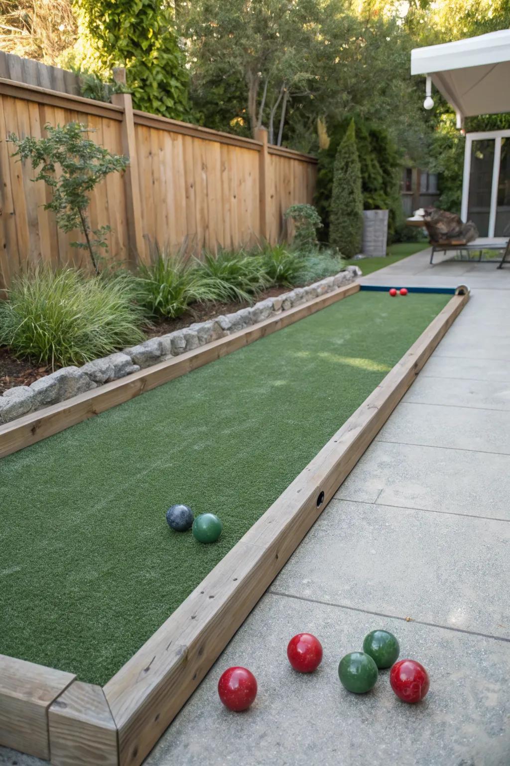 Add a bocce ball court to your patio with artificial grass for endless fun.