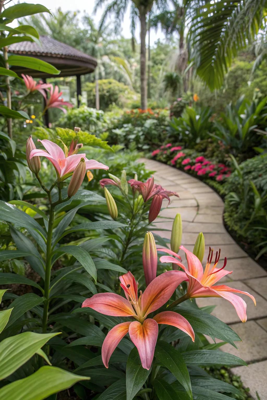 Lilies adding a tropical touch to a lush garden.