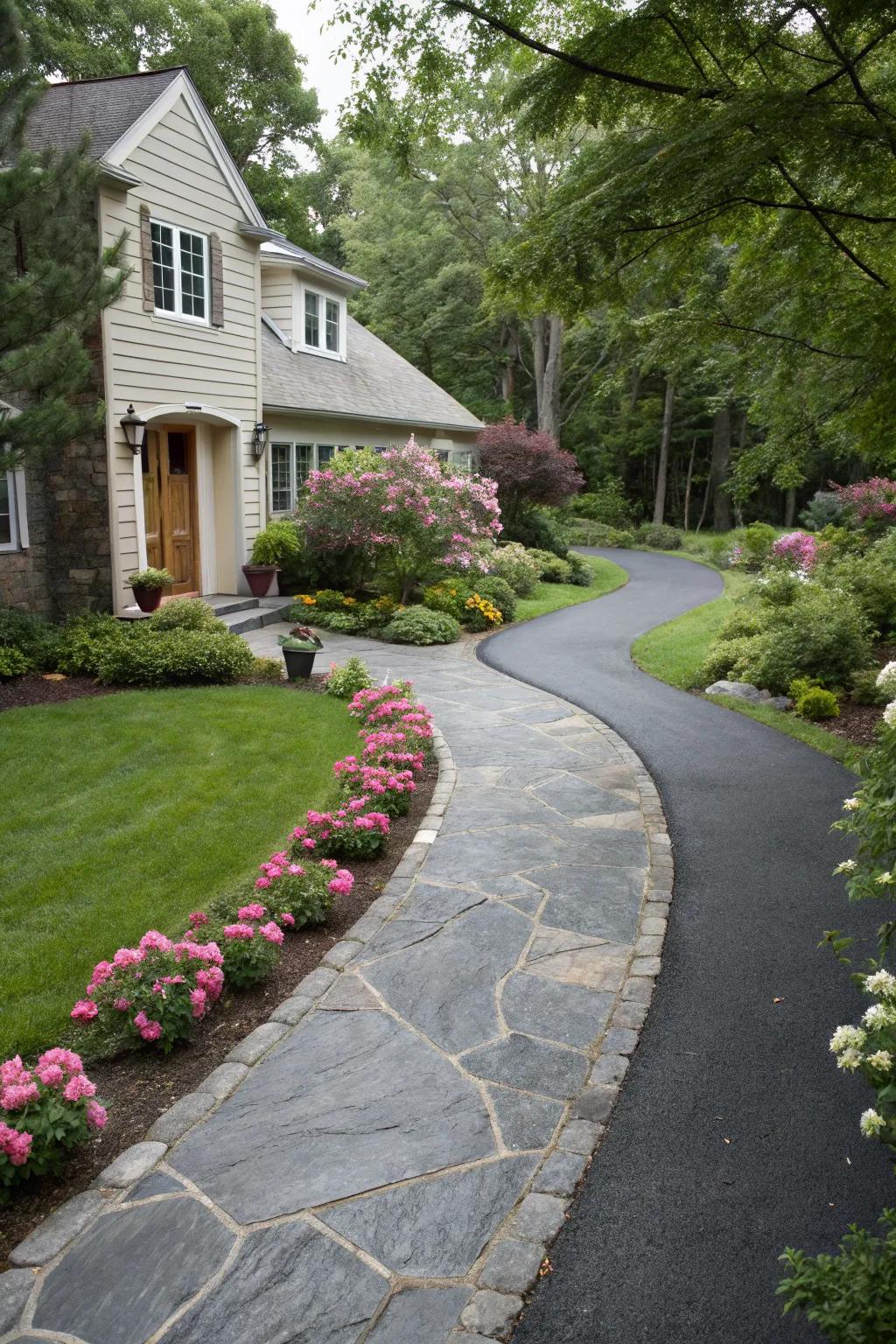An asphalt driveway complemented by a natural stone walkway.