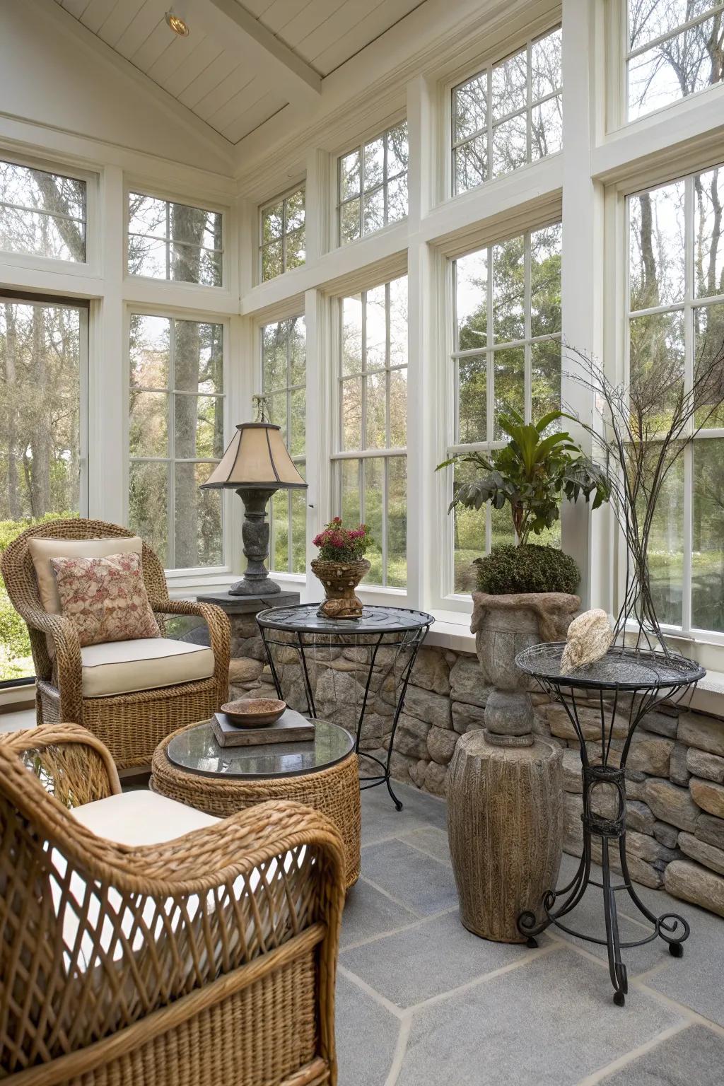 A sunroom with a mix of textures for a dynamic look