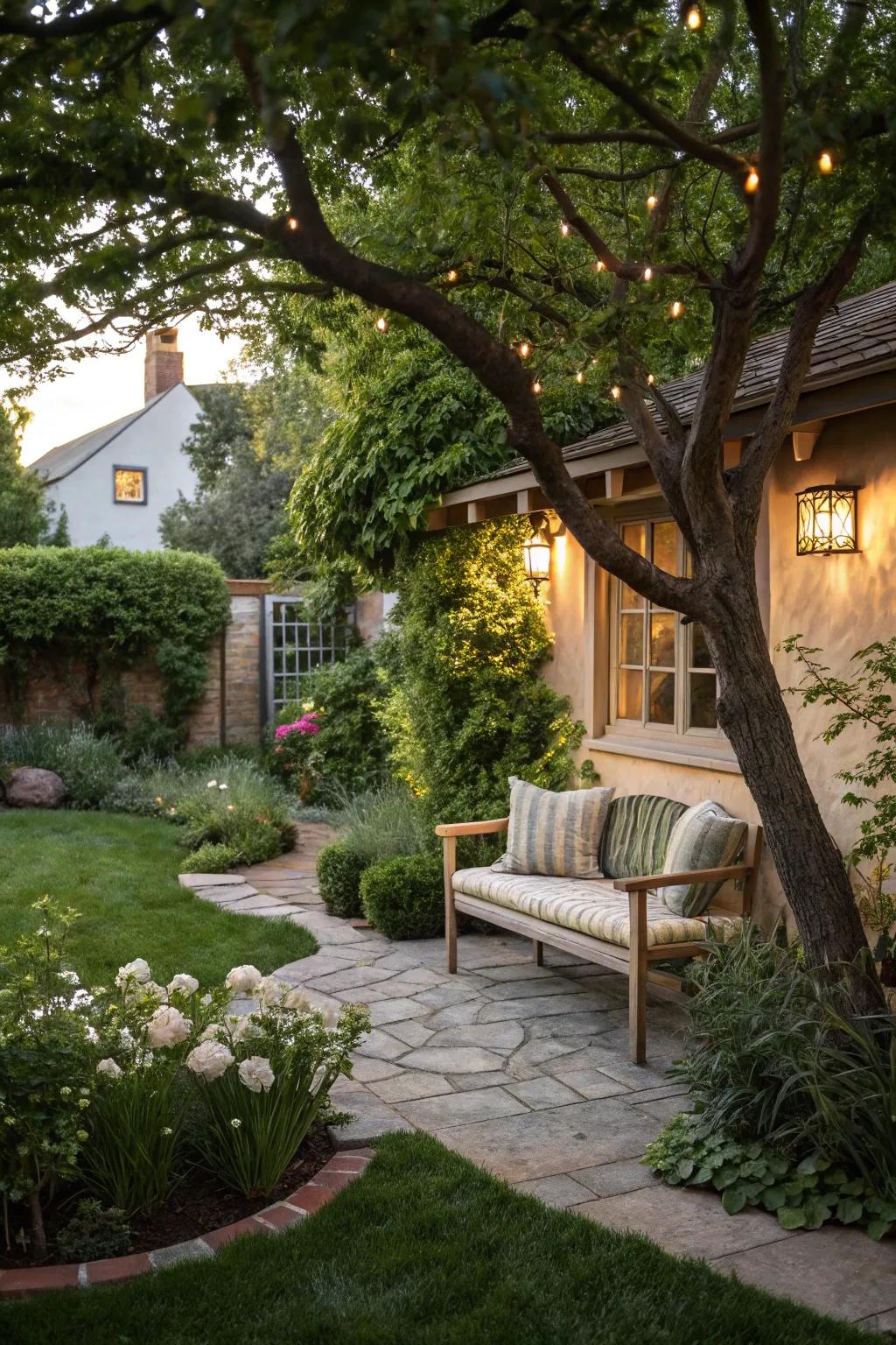 A seating area invites relaxation and enjoyment of the garden.