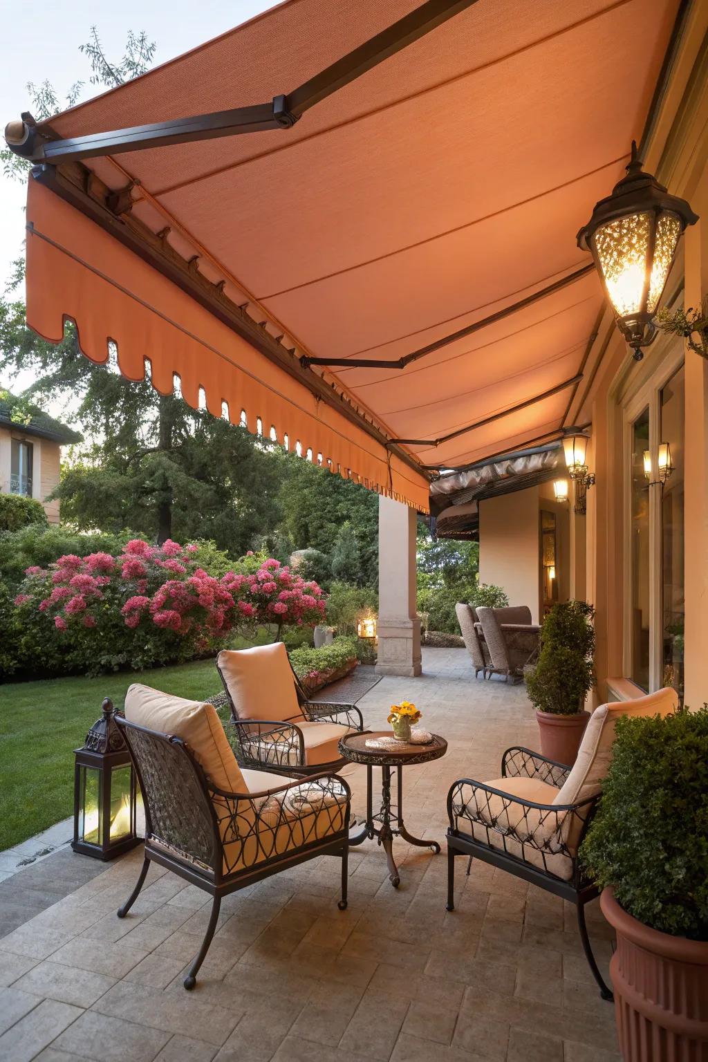 Peach awnings add warmth and charm to this cozy patio.