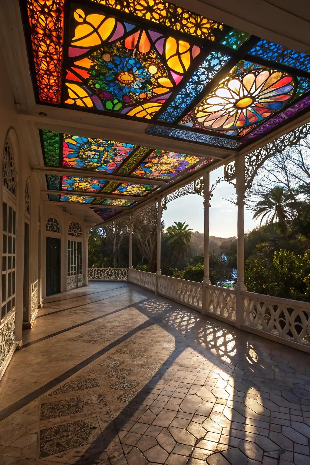 Stained glass awnings add an artistic flair to your patio.
