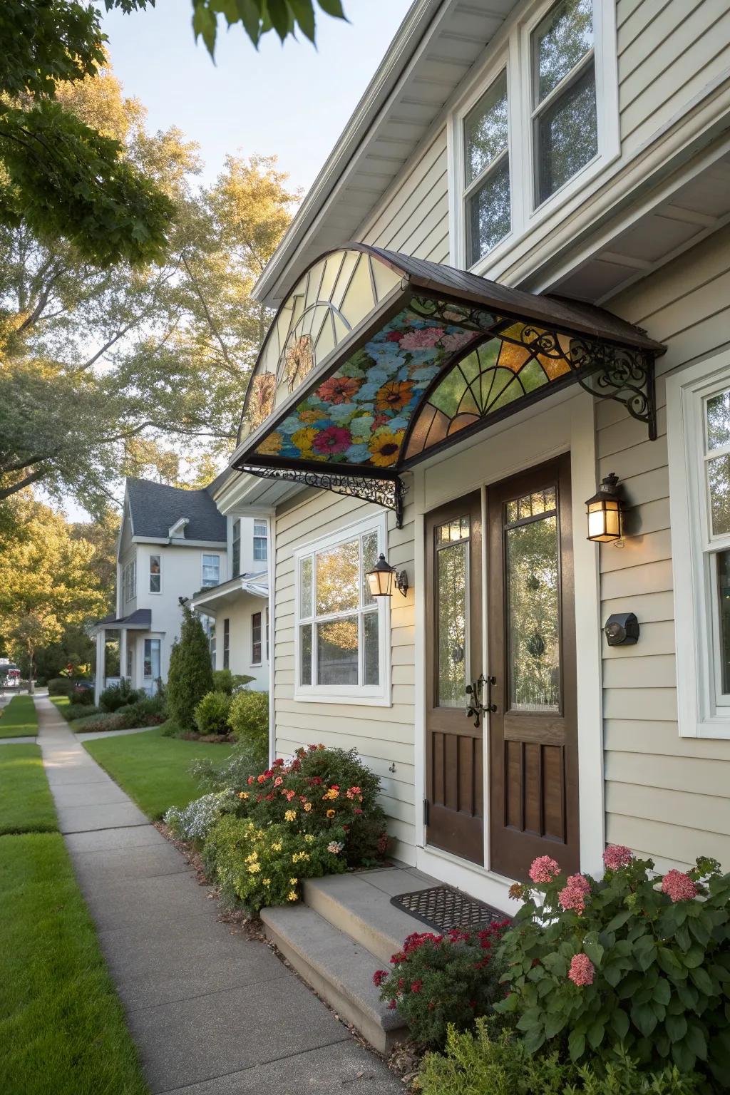 Stained glass awnings bring artistic color and light.