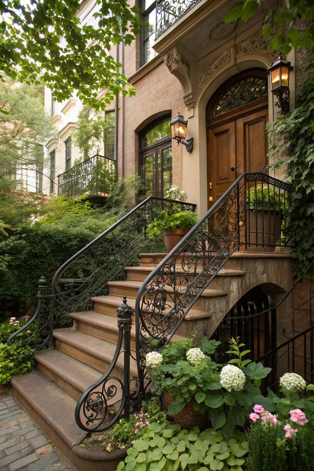 Artistic iron railings add a unique, creative touch.