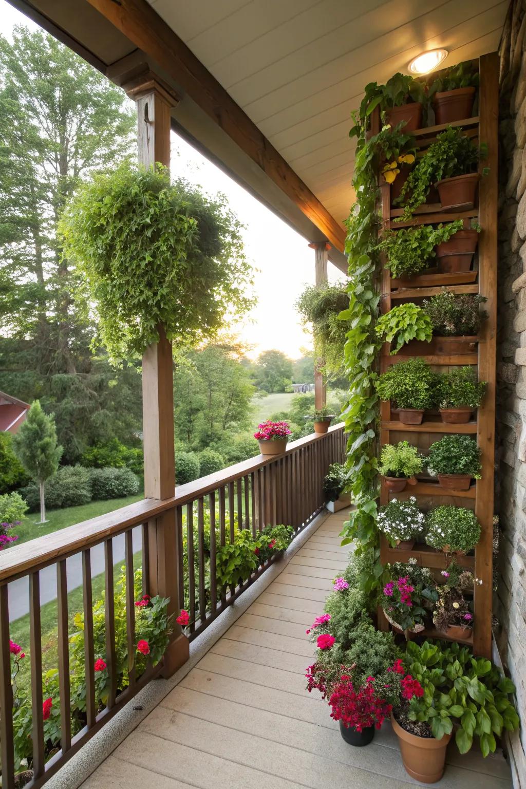 A back porch featuring a vibrant vertical garden for added greenery.