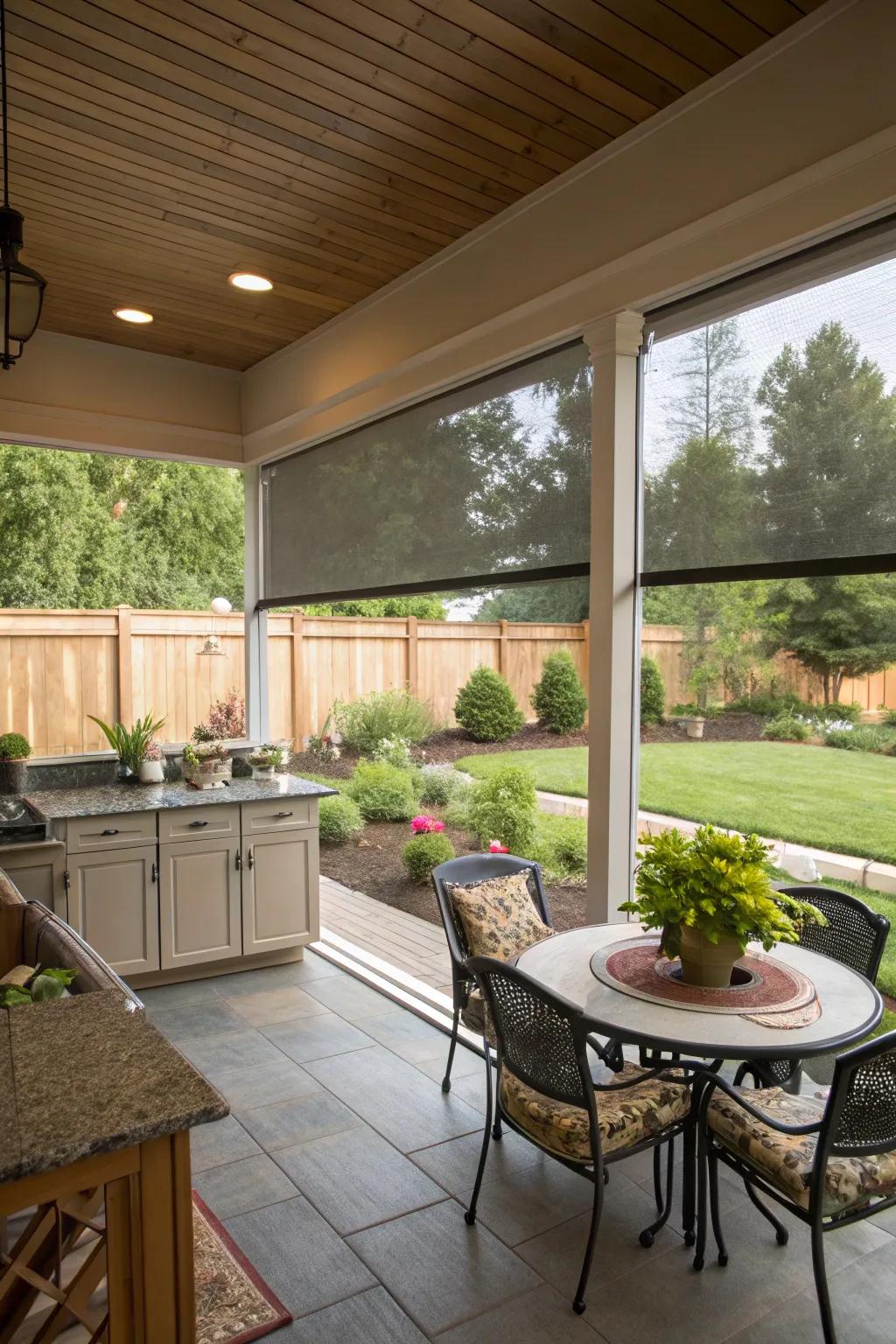 Dine in comfort with motorized screens that protect from bugs.