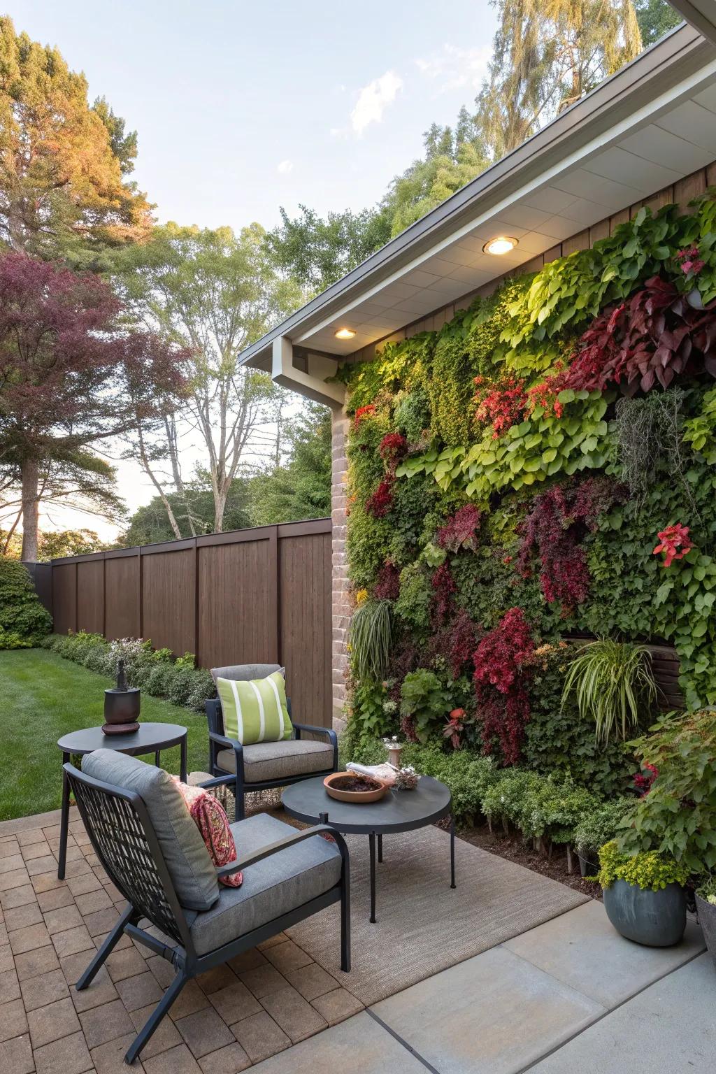A lush vertical garden providing a vibrant backdrop for the seating area.