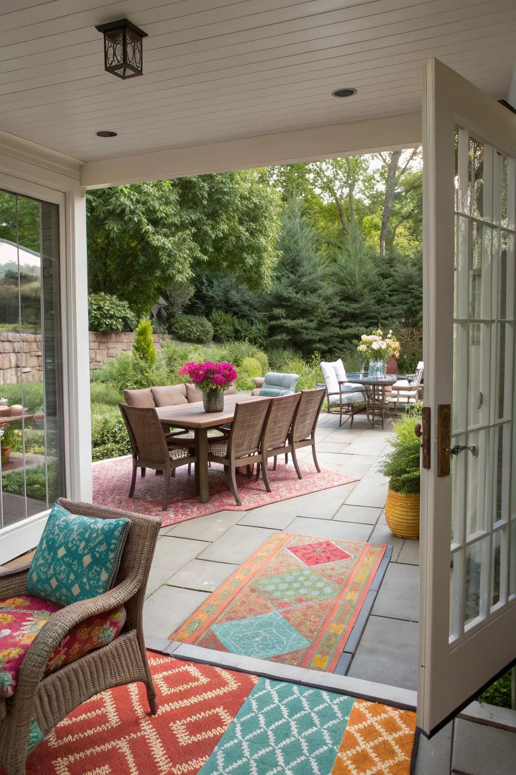 Rugs add warmth and help define spaces on the patio.