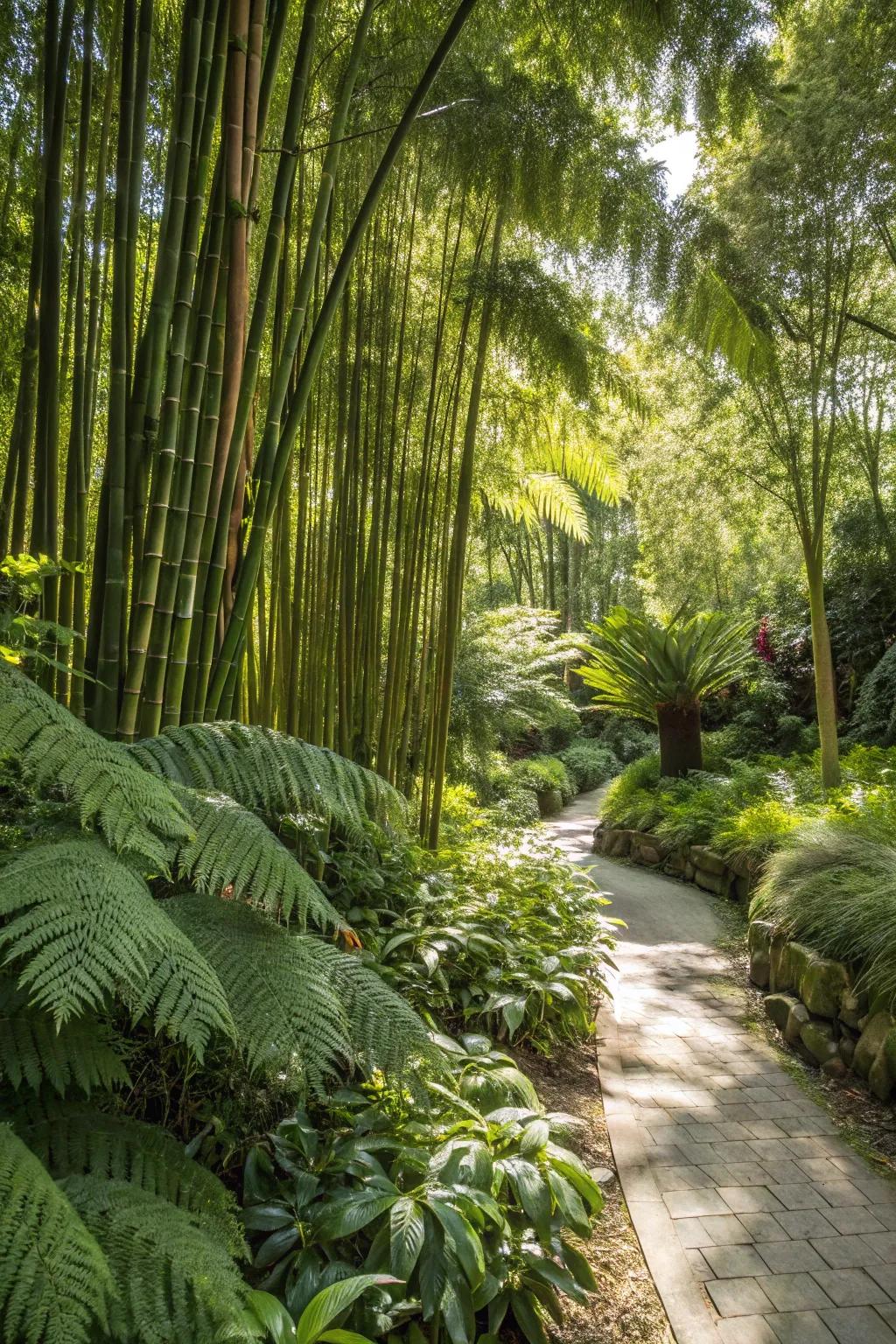 Bamboo and ferns evoke a tropical vibe.
