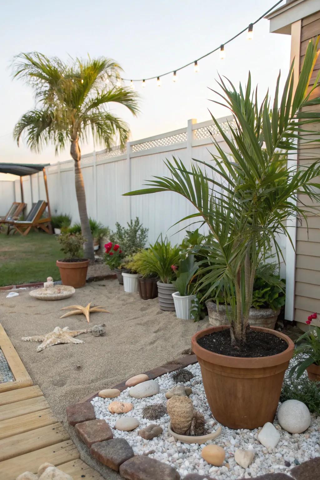 Backyard decorated with potted palms, seashells, and natural beach elements.