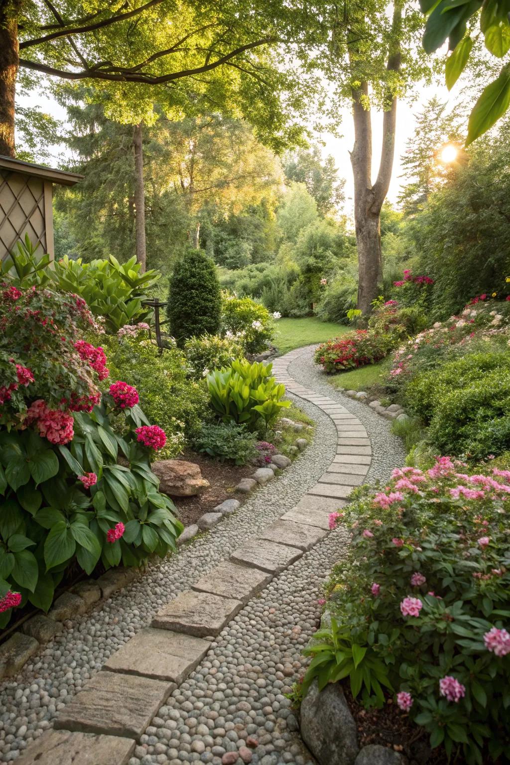 A pebble pathway adds charm and direction to your garden.